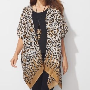 Chicos Neutral Leopard Long Cover Up Tunic Lean Ruana Open Wrap One Size